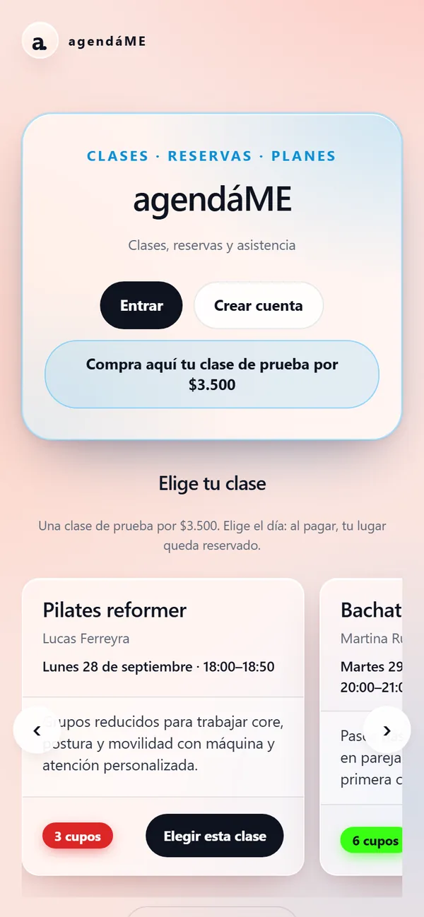 Portada de la academia de ejemplo, con el botón para comprar la clase de prueba y las clases disponibles