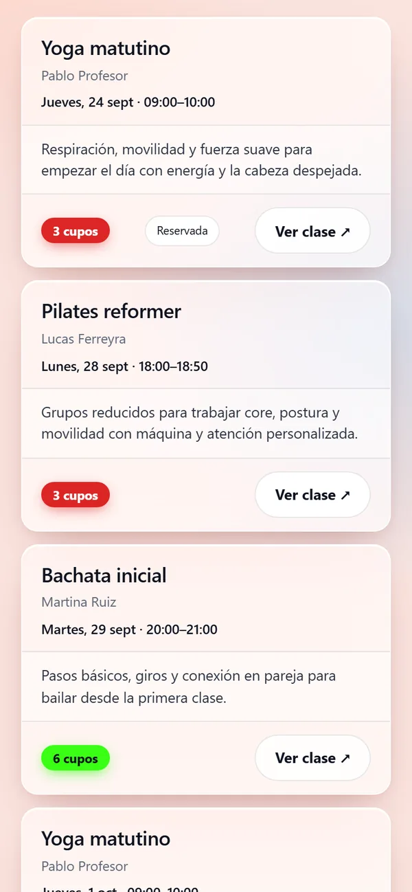 Clases disponibles con su profesor, horario, descripción y cupos libres