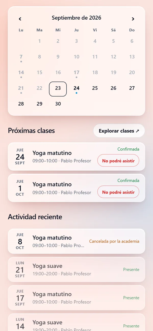 Mis clases del alumno: el calendario del mes y sus próximas clases, con el botón para avisar que no podrá asistir