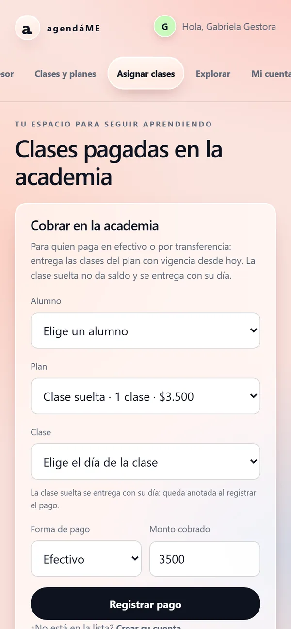 Cobro en la academia: alumno, plan, clase, forma de pago y monto