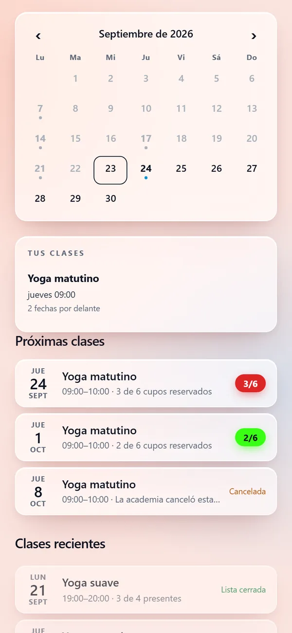 Agenda del profesor: calendario con sus clases, lo que dicta cada semana y las próximas fechas